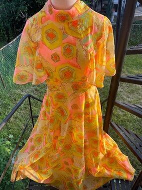 Vintage Geometric Print Dress in Neon Orange & Yellow, Full Swing Skirt, Sz 12.